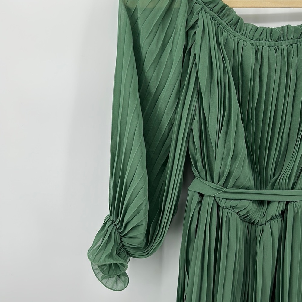 Baltic Born Green Long Sleeve Bishop Elastic Waist with Fabric Belt Sundress SzL - Picture 14 of 15